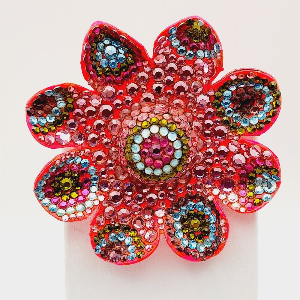 Vintage 1960s Hot Pink Enamel Flower Flat Back Rhinestones Large Brooch